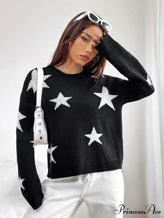 Spring Stylish Colorful Contrast Starry Cozy Comfortable Loose Long-Sleeved Warm Sweater Black / S