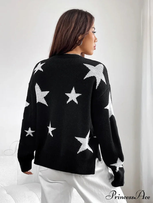 Spring Stylish Colorful Contrast Starry Cozy Comfortable Loose Long-Sleeved Warm Sweater Sweaters-L