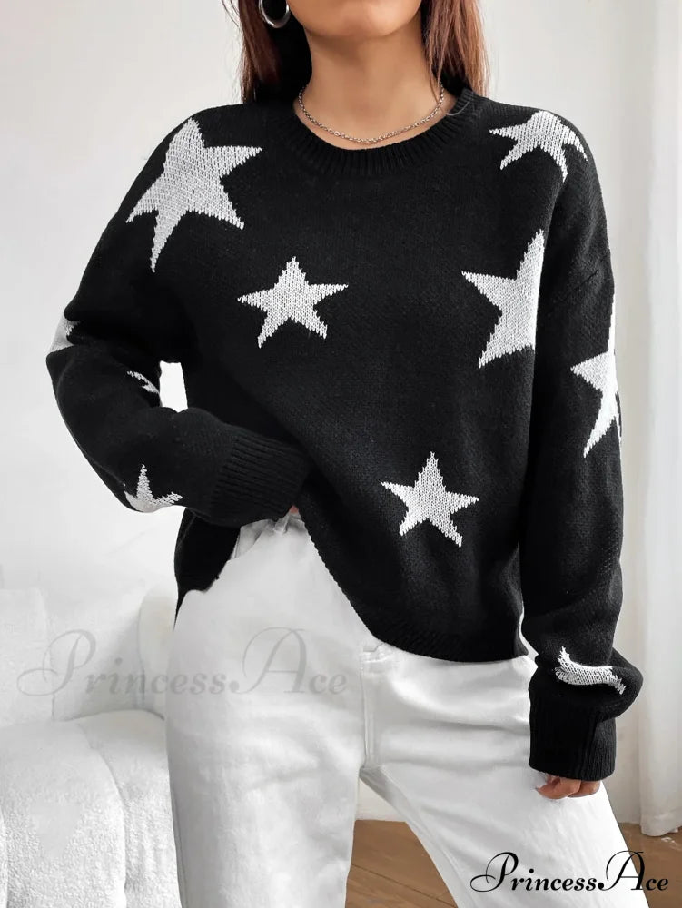 Spring Stylish Colorful Contrast Starry Cozy Comfortable Loose Long-Sleeved Warm Sweater Sweaters-L