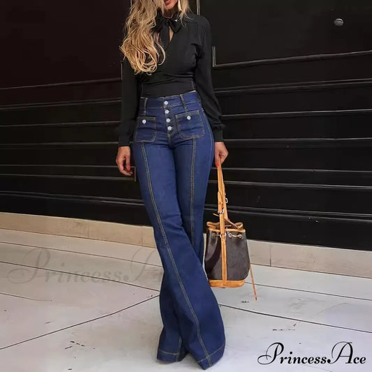 Spring Summer New Retro High Waist Stitching Washed Stretch Slim Bell-Bottom Denim Jean Blue / S