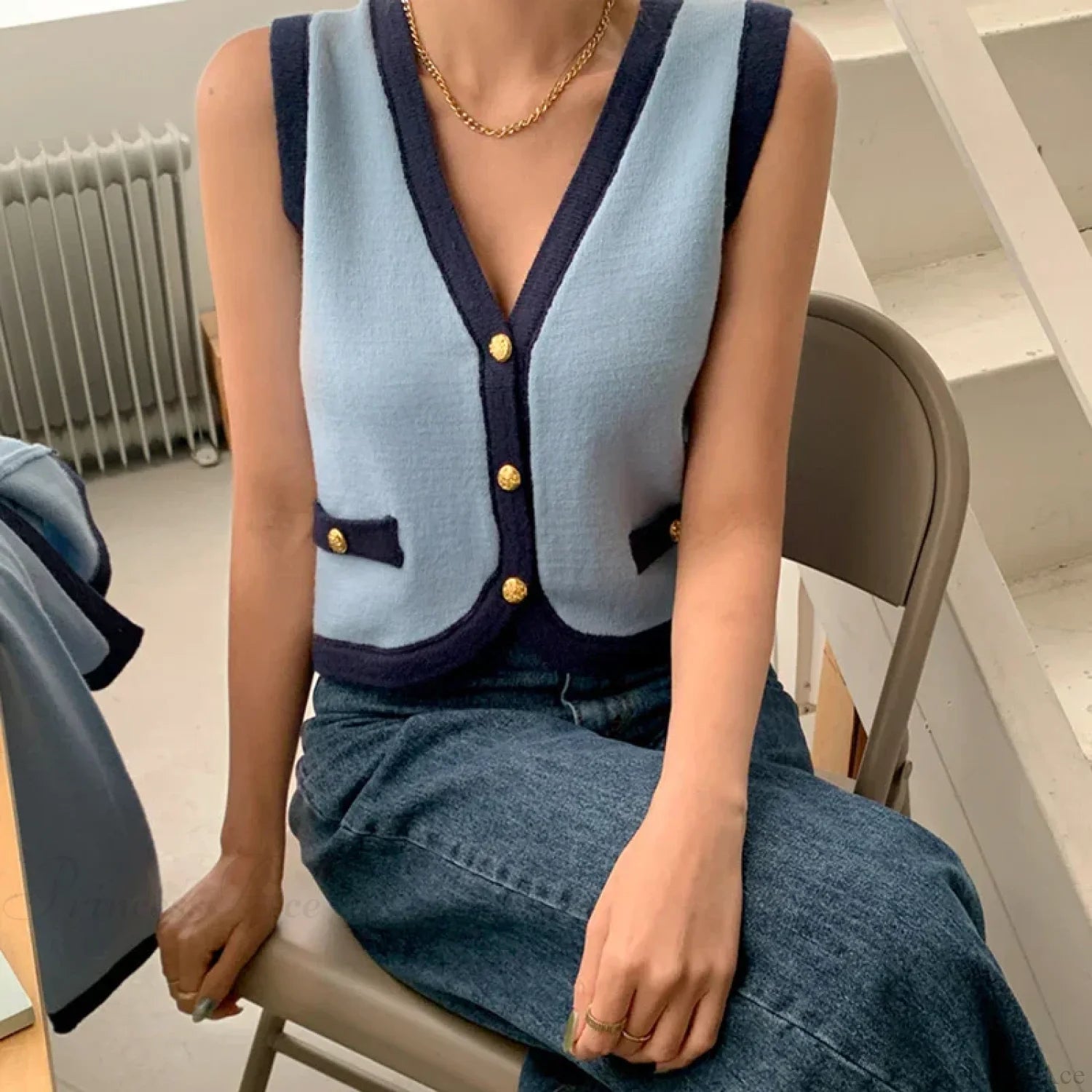 Spring V-neck Long Sleeve Knitted Cardigan Blue / One Size