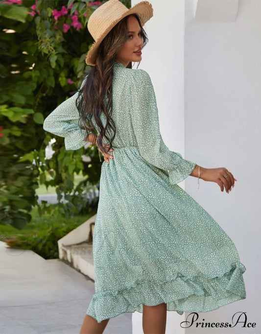 Spring V Neck Print Dress With Butterfly Sleeves And High Waist Ruffles In Chiffon Midi Length S /