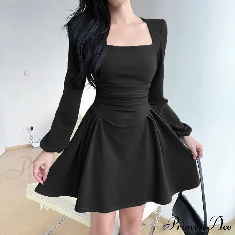 Square Collar Puff Sleeve Elegant Ladies Mini Dress Black Short / S