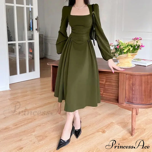 Square Collar Puff Sleeve Elegant Ladies Mini Dress Green / S