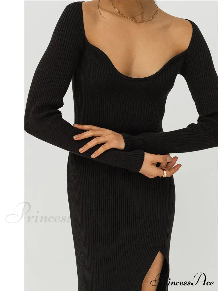 Square Collar Ribbed Maxi Dress Black / S