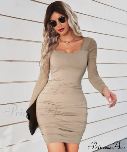 Square Collar Slim Hip Dress S / Apricot
