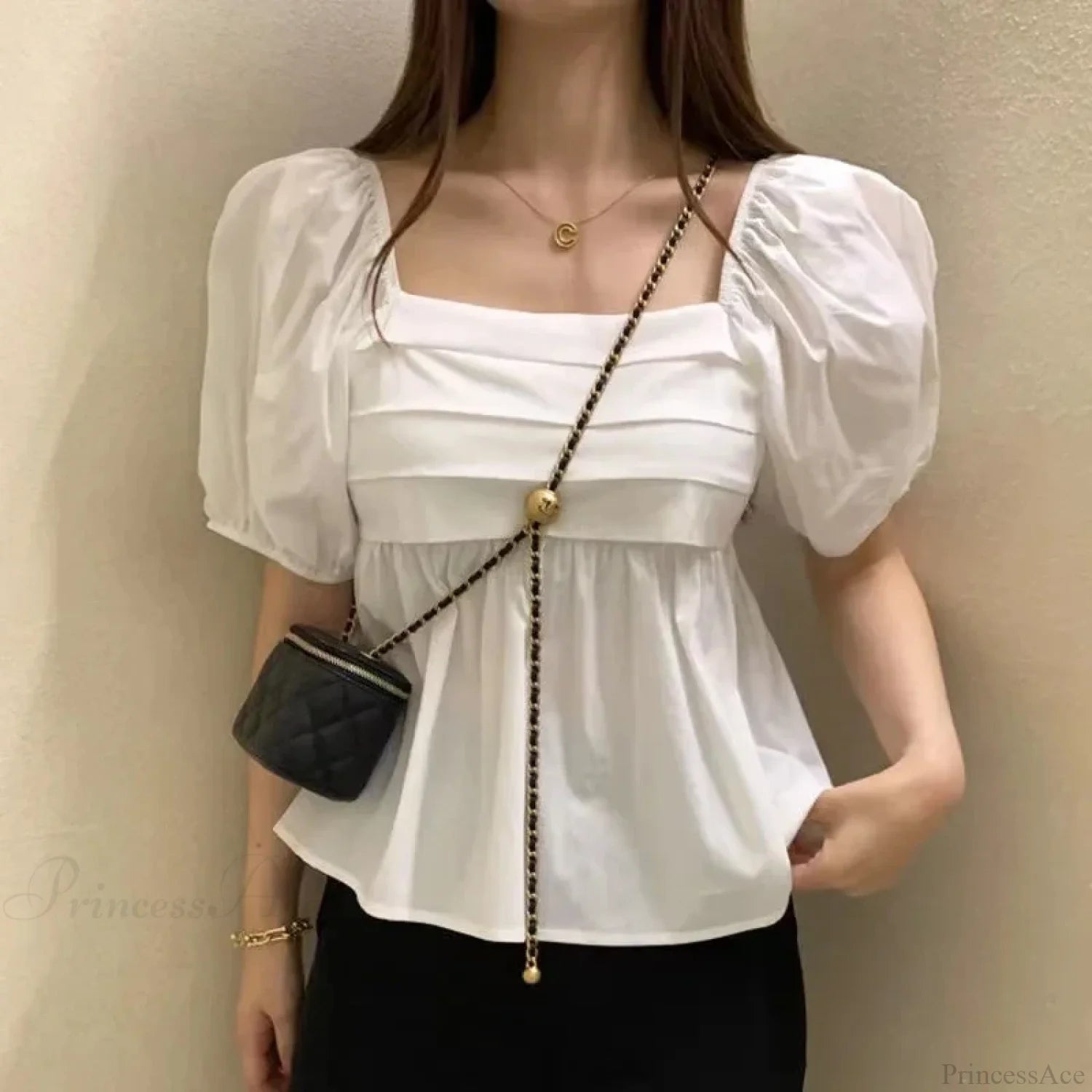 Square Neck Puff Sleeve Casual Pleated White Blouse WHITE / S blouse-250126