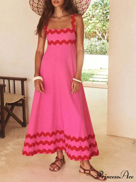 Square Neck Stylish Strap Maxi Dress Pink / S Dresses