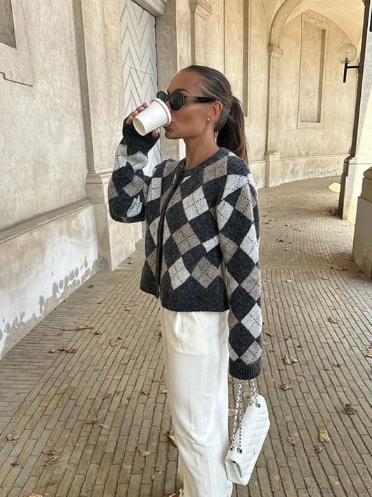 Square Printed O-neck Long Sleeve Cardigan black / S