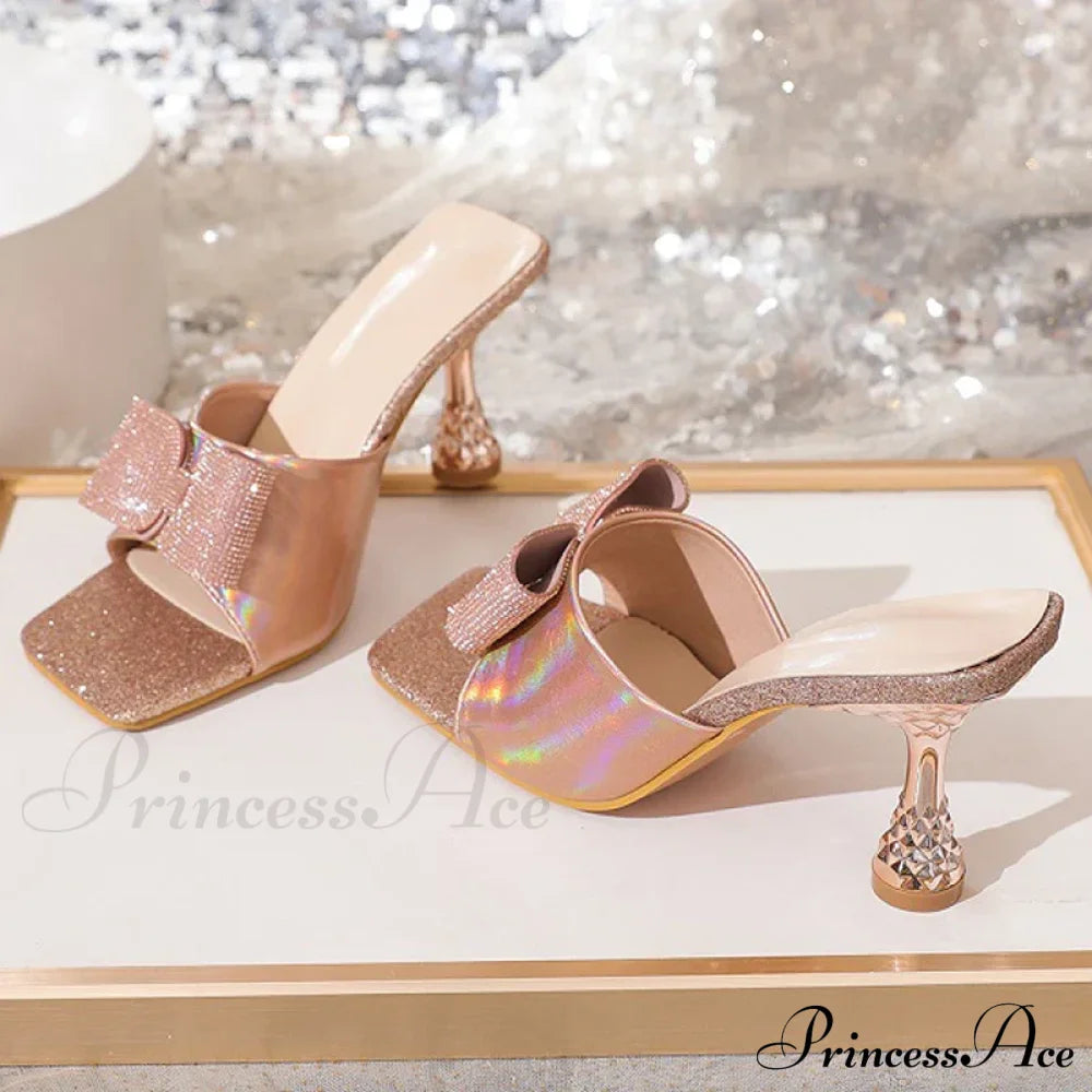 Square Toe Crystal Butterfly-Knot Slippers Low Heels Summer Party Heel Pump