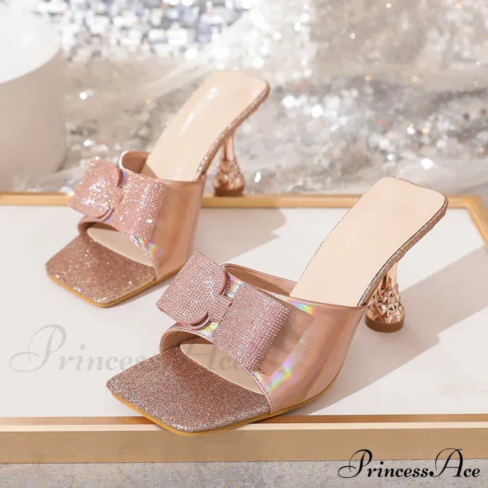 Square Toe Crystal Butterfly-Knot Slippers Low Heels Summer Party Heel Pump