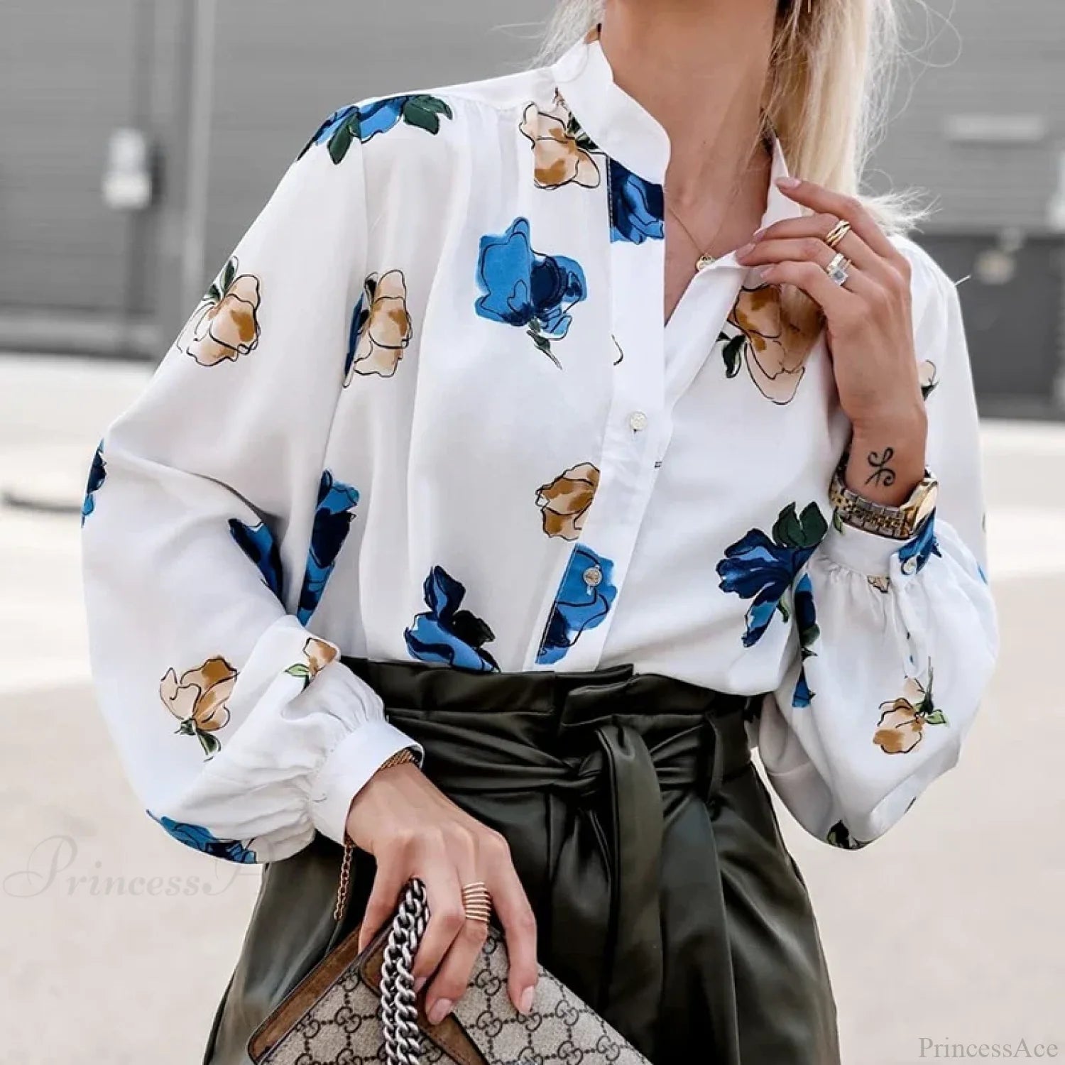 Stand Collar Floral Print Lantern Sleeve Blouse blouse-250126