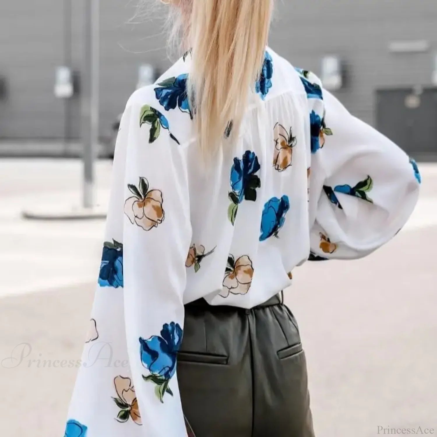 Stand Collar Floral Print Lantern Sleeve Blouse blouse-250126