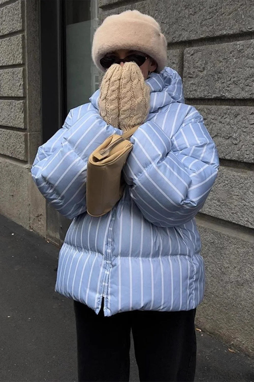 Stand Collar Striped Hooded Warm Quilted Coat Blue / S