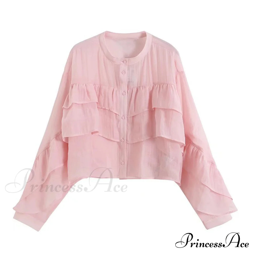 Women's Button Stand Collar Ruffle Shirt blouse Pink clothes long sleeve top long sleeve tops top tops