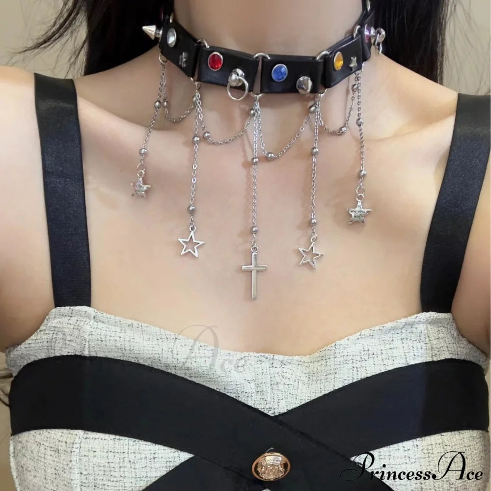 Star Cross Pendant Choker Necklace Y2K Punk Retro Dark Halloween