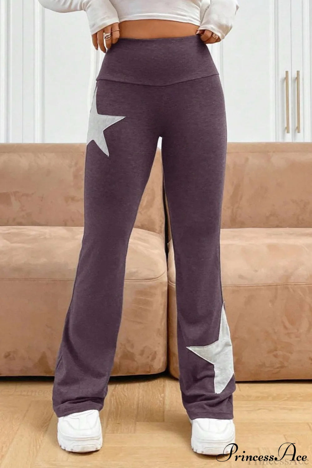 Star Print High Waist Slim Flare Pants Purple / S