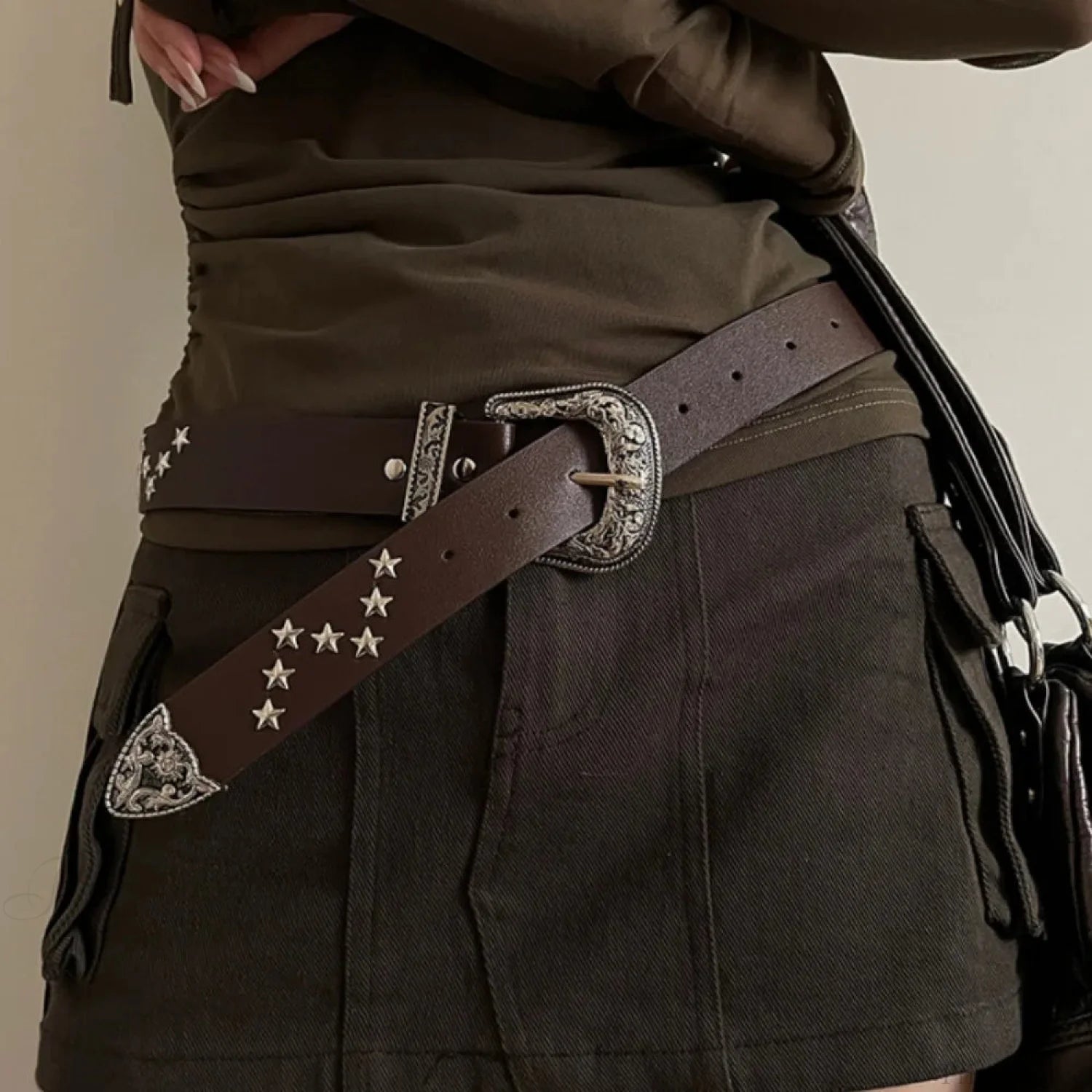 Stellar Rivet Y2K Gothic Metallic Buckle Belt coffee 103x3.3cm / one size