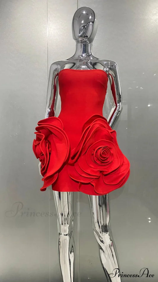 Stereoscopic Flowers Strapless Christmas Party Dress Red / S Dresses-L