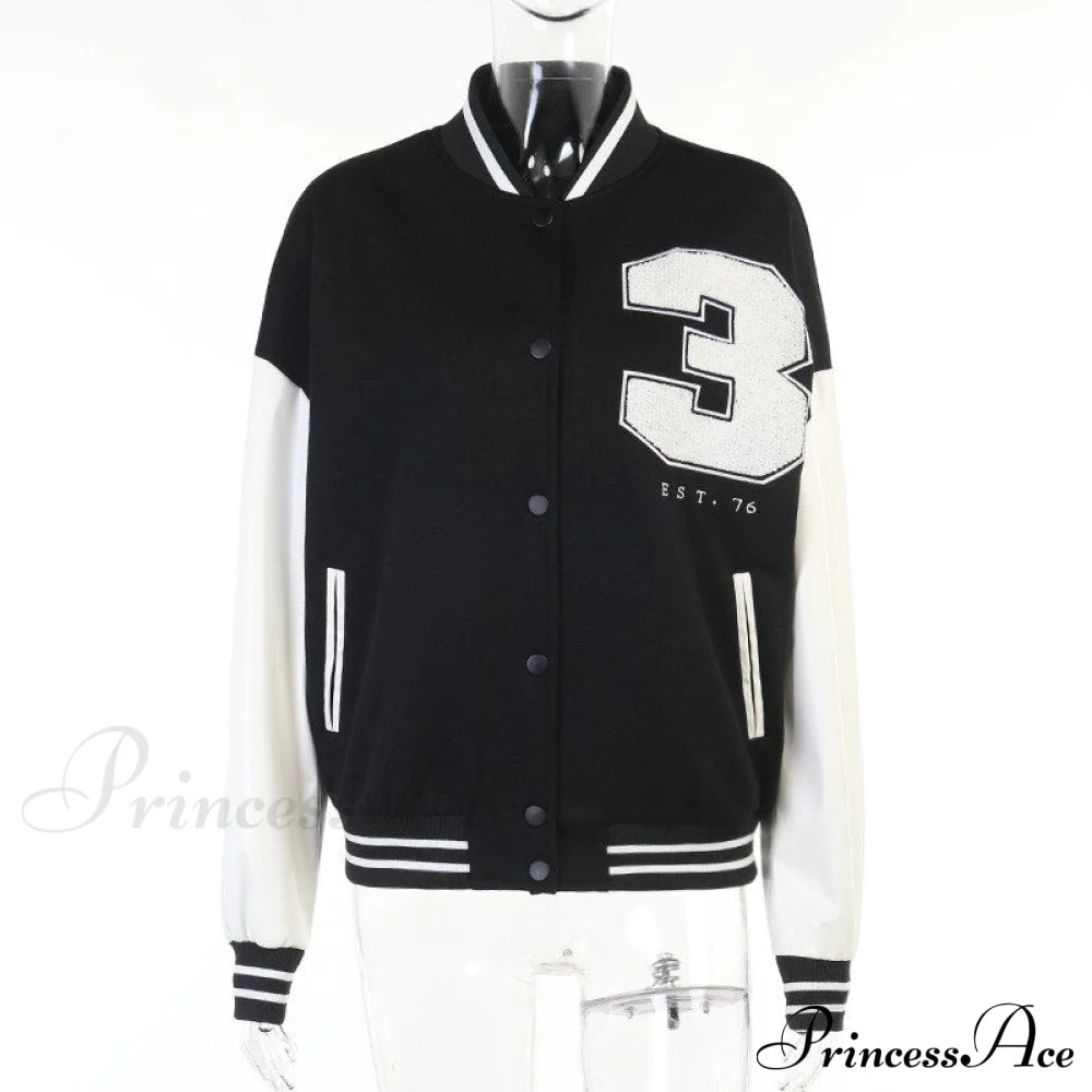 Stitching Letters Embroidery Baseball Uniform Jacket Black 3 / S