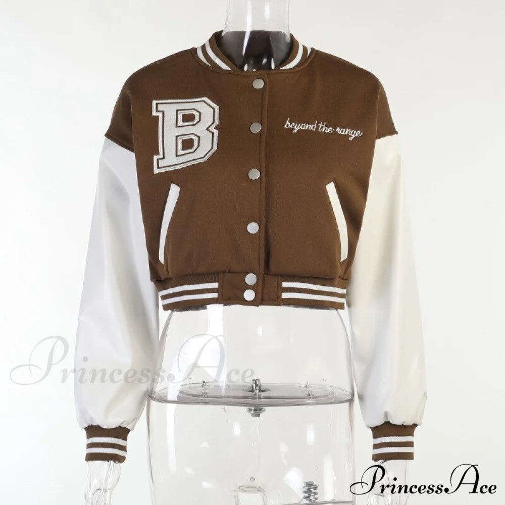 Stitching Letters Embroidery Baseball Uniform Jacket Brown(Embroidered) / S