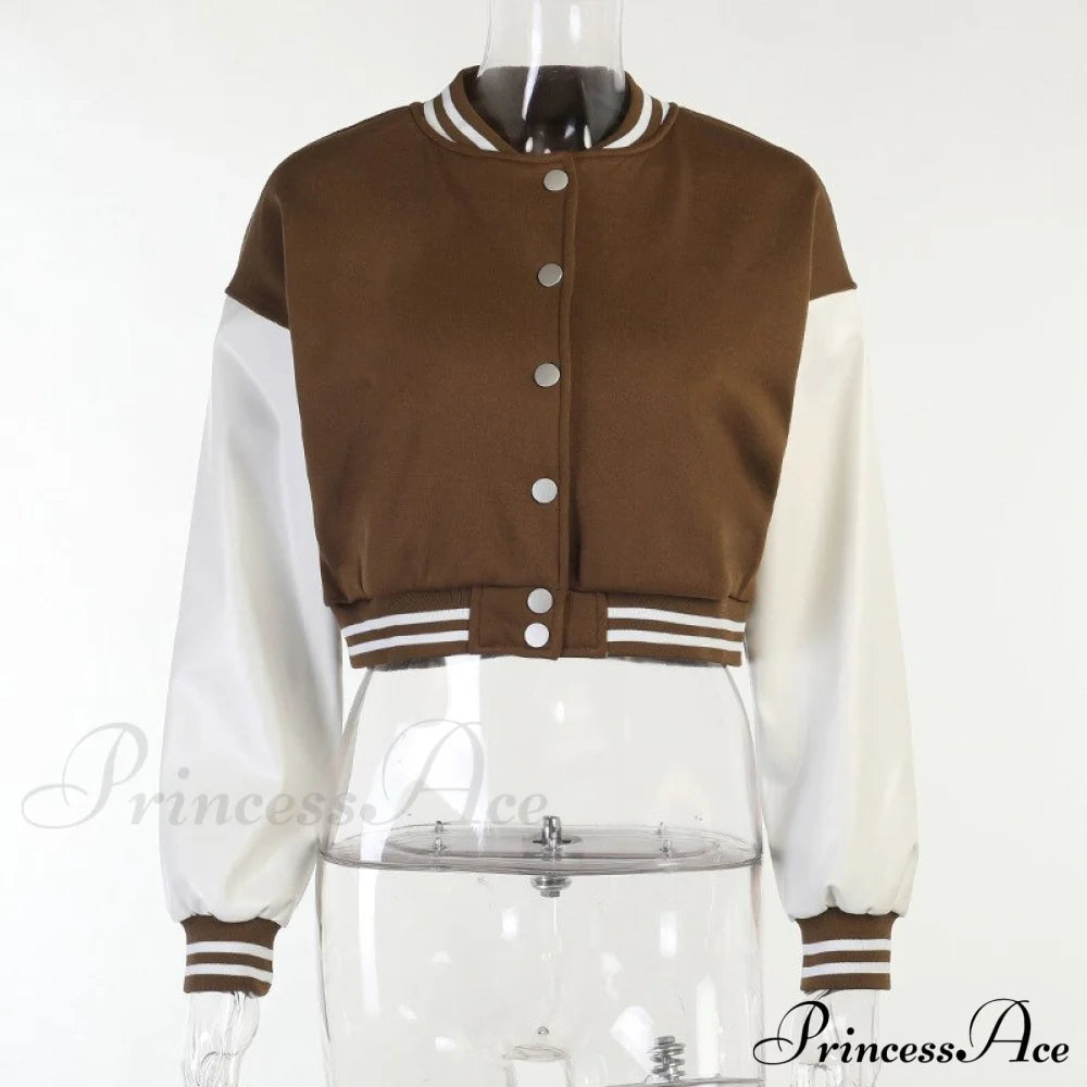 Stitching Letters Embroidery Baseball Uniform Jacket Brown / S