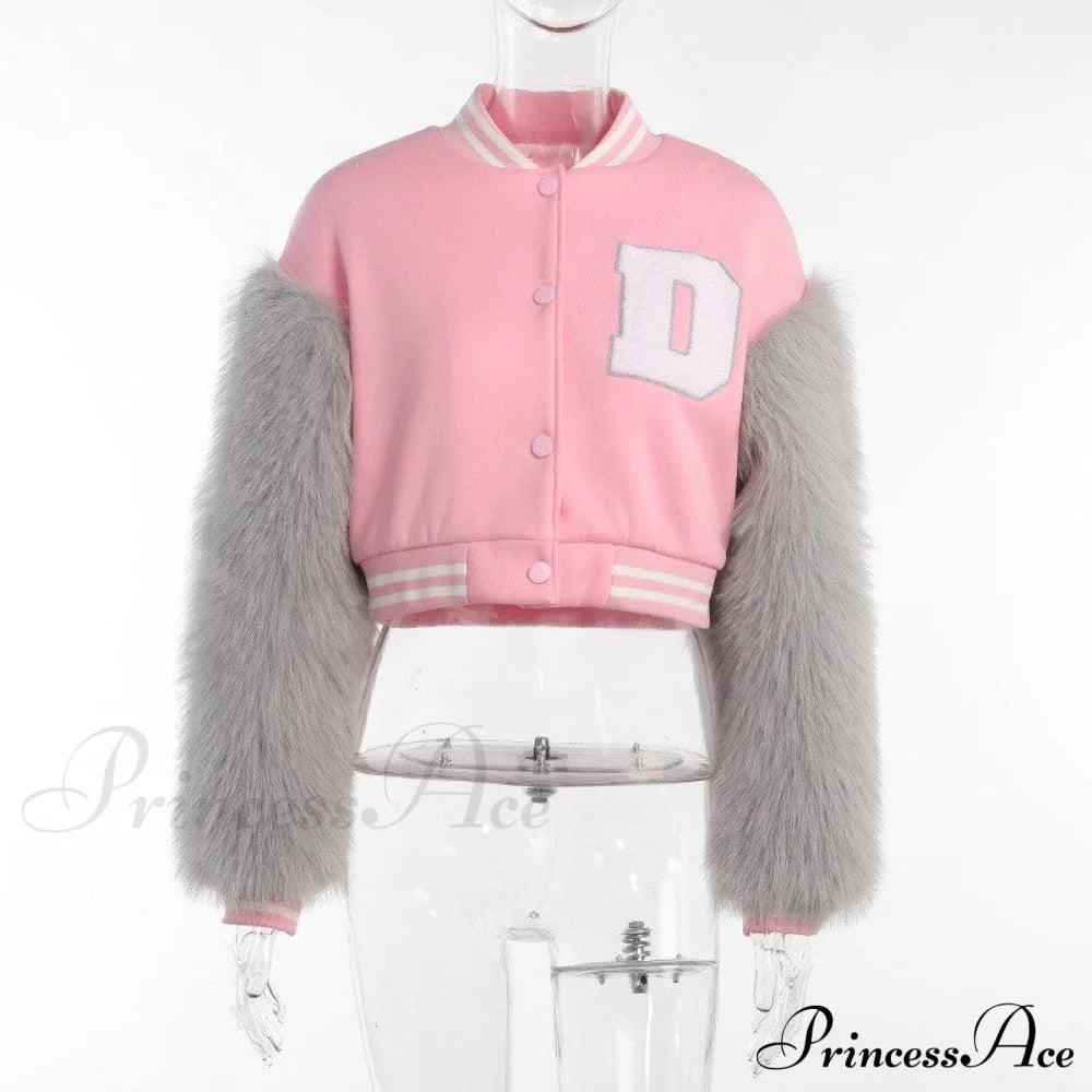 Stitching Letters Embroidery Baseball Uniform Jacket Pink D / S