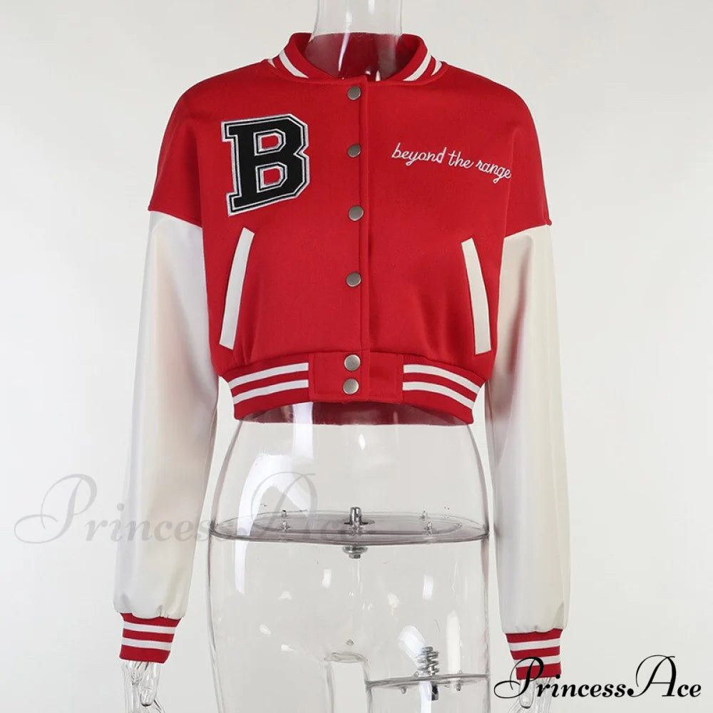 Stitching Letters Embroidery Baseball Uniform Jacket Red(Embroidered) / S