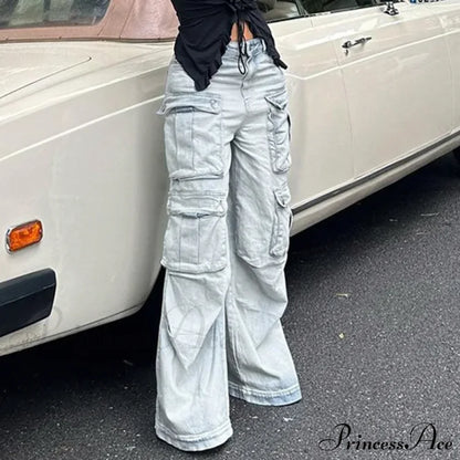 Straight Casual Multi-Pocket Paneled Cargo Fashion Washed Wide Leg High-Waisted High Street Y2K Jean