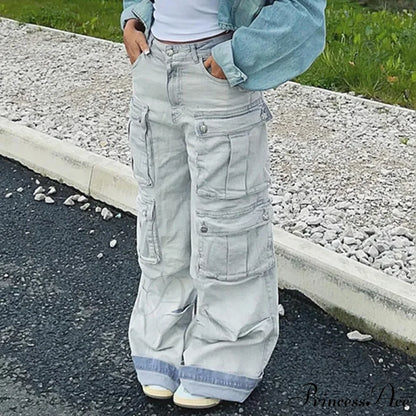 Straight Casual Multi-Pocket Paneled Cargo Fashion Washed Wide Leg High-Waisted High Street Y2K Jean