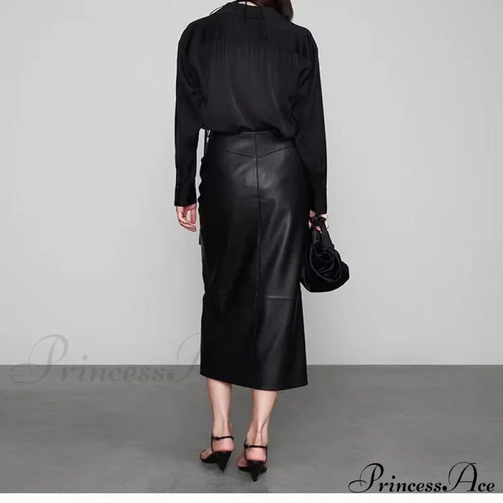 Straight Genuine Sheepskin Black Elegant Long Autumn Winter Skirt