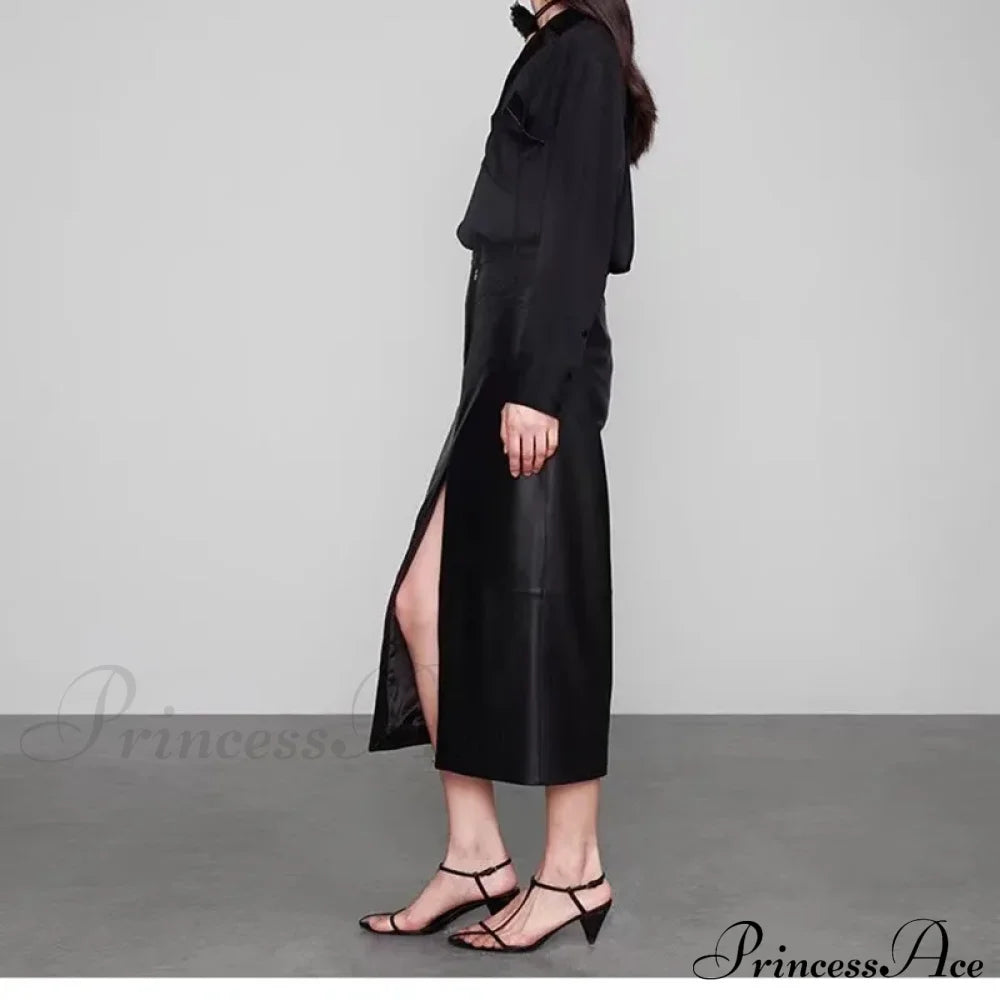 Straight Genuine Sheepskin Black Elegant Long Autumn Winter Skirt