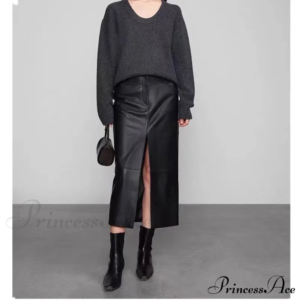 Straight Genuine Sheepskin Black Elegant Long Autumn Winter Skirt