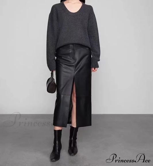 Straight Genuine Sheepskin Black Elegant Long Autumn Winter Skirt Black / S