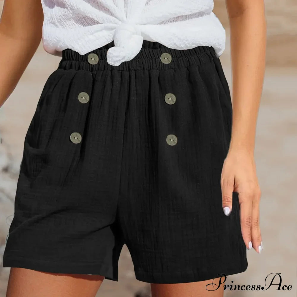 Straight Leg Casual Elastic Waist Sports Cotton Short Black / S