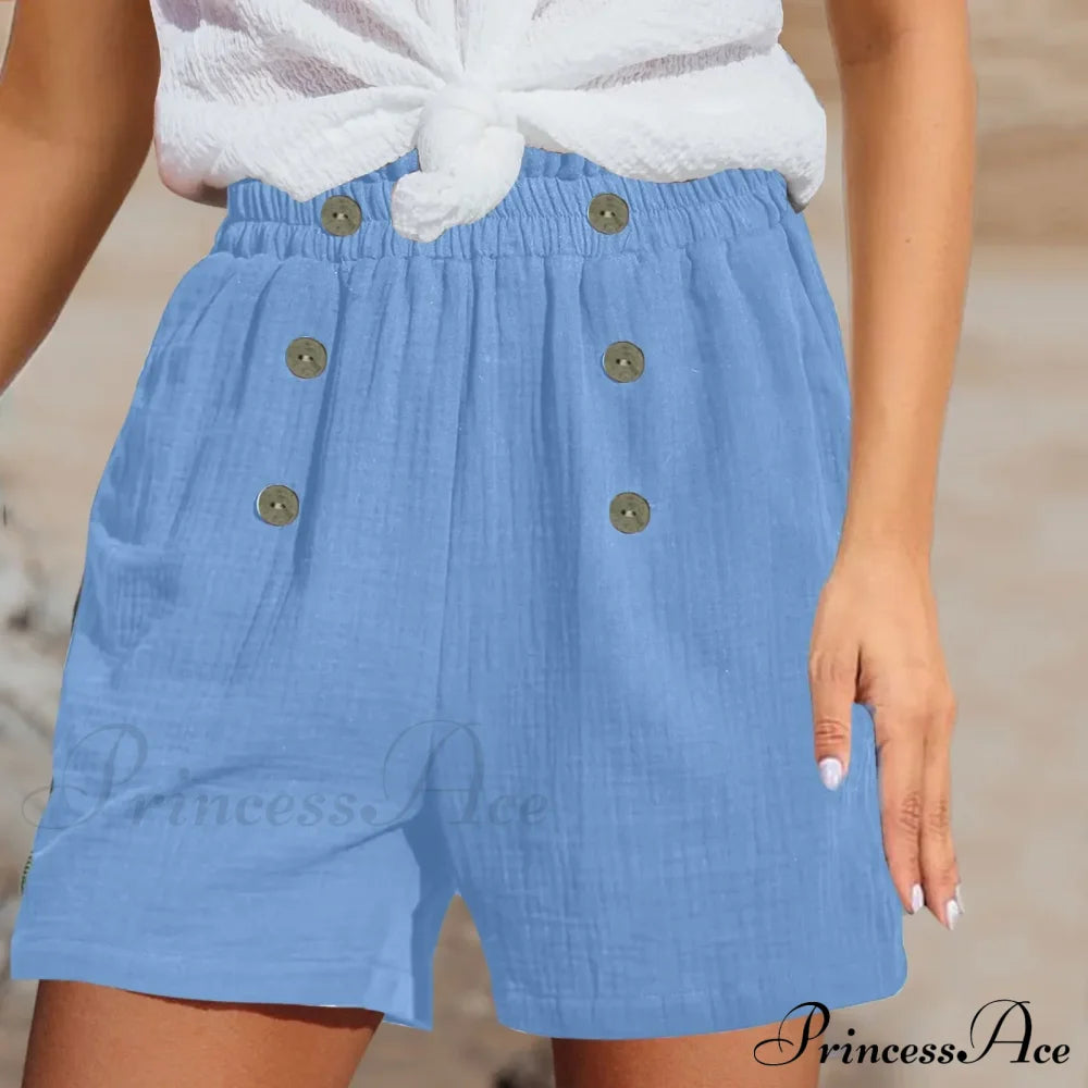 Straight Leg Casual Elastic Waist Sports Cotton Short Blue / S