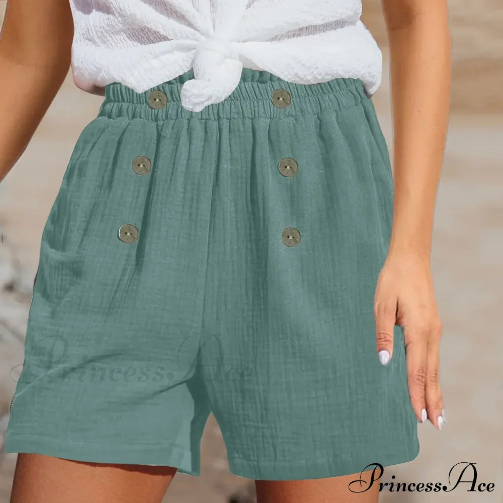 Straight Leg Casual Elastic Waist Sports Cotton Short Green / S