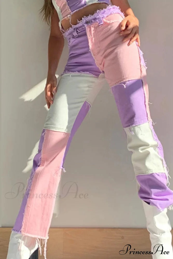 Straight-Leg Jeans With Panels Pink / Xs Pants