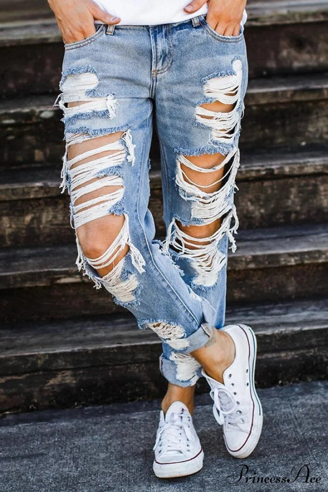 Straight Ripped Jeans Blue / S Bottoms