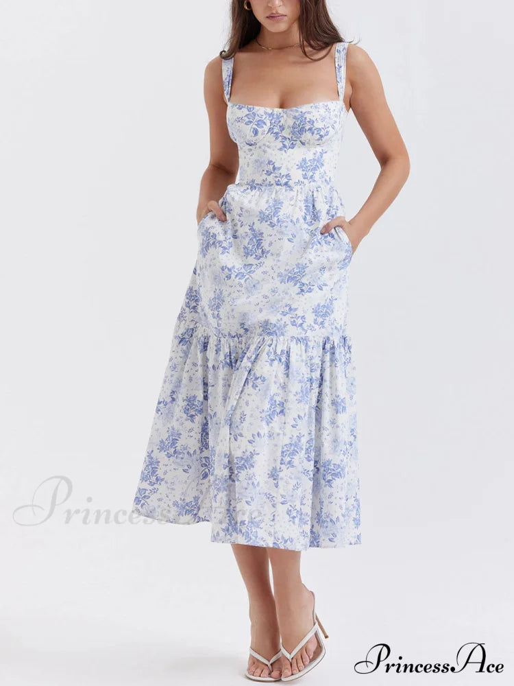 Strap A-Hem Stylish Floral Midi Dress Blue / S Dresses