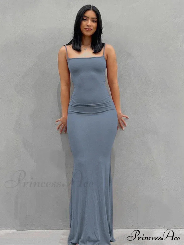 Strap Backless Long Casual Maxi Dress Blue / S