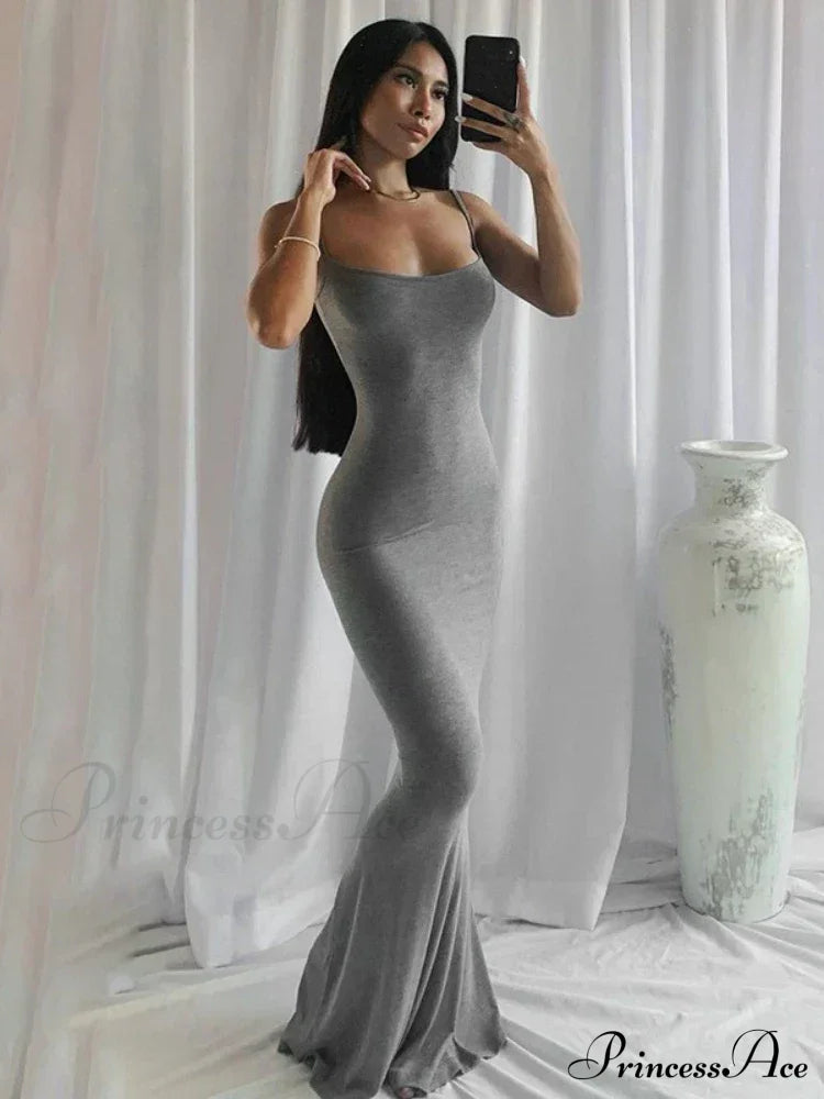 Strap Backless Long Casual Maxi Dress Gray / S