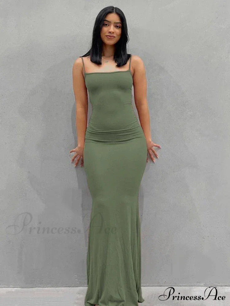 Strap Backless Long Casual Maxi Dress Green / S