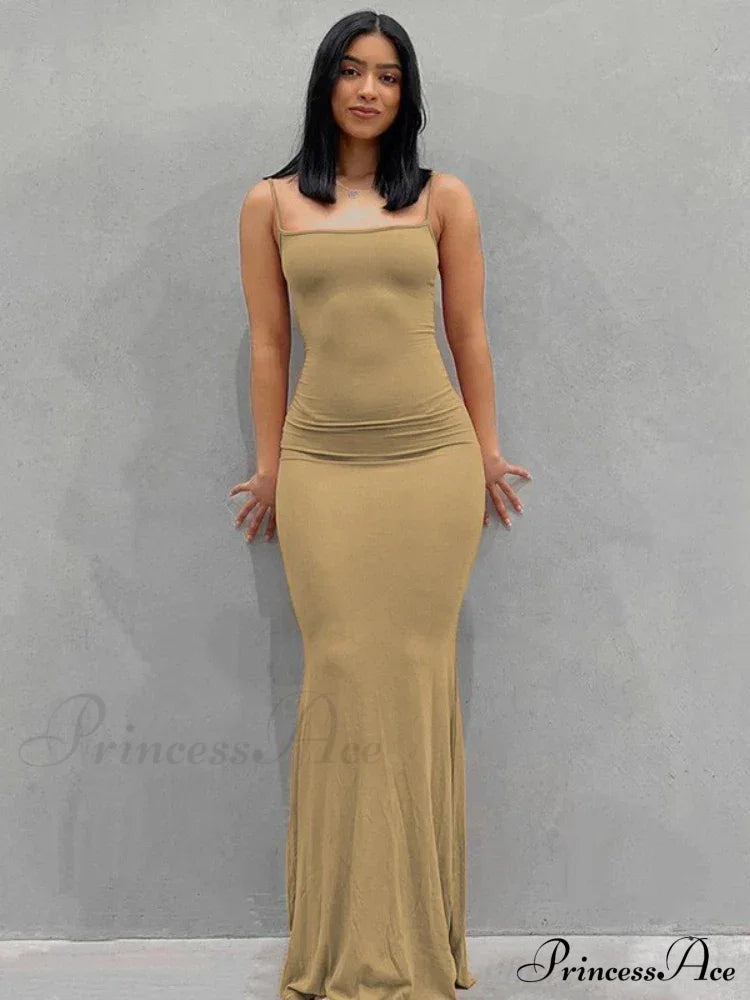 Strap Backless Long Casual Maxi Dress Khaki / S