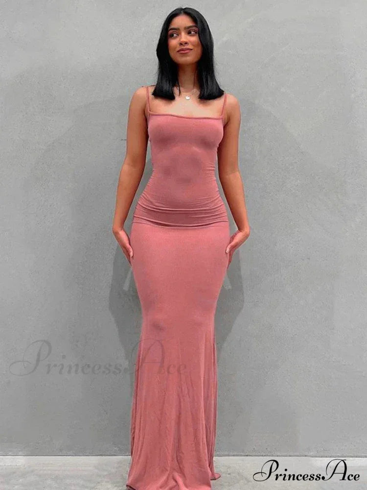 Strap Backless Long Casual Maxi Dress Pink / S