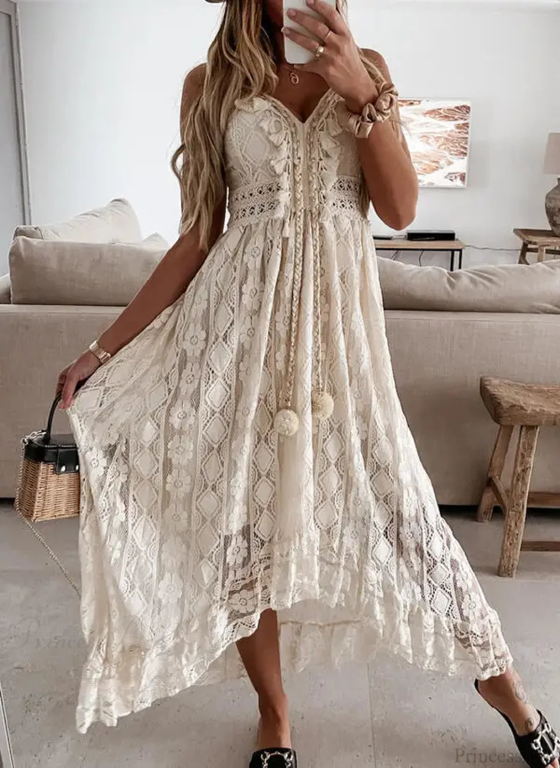 Strap Sleeveless Deep V-neck Tassel Lace Maxi White Boho Dress Beige / S bohodress-250126
