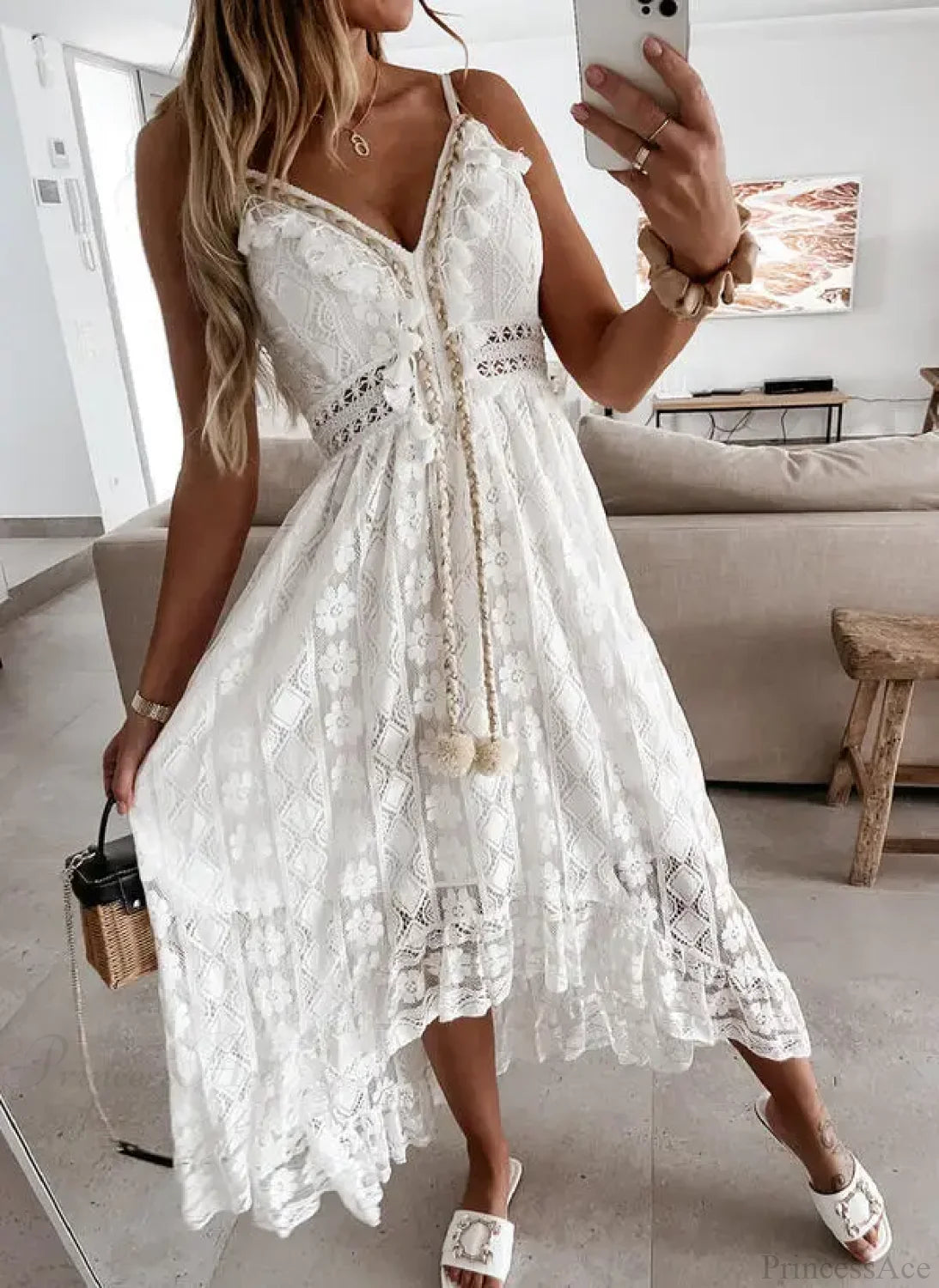 Strap Sleeveless Deep V-neck Tassel Lace Maxi White Boho Dress bohodress-250126