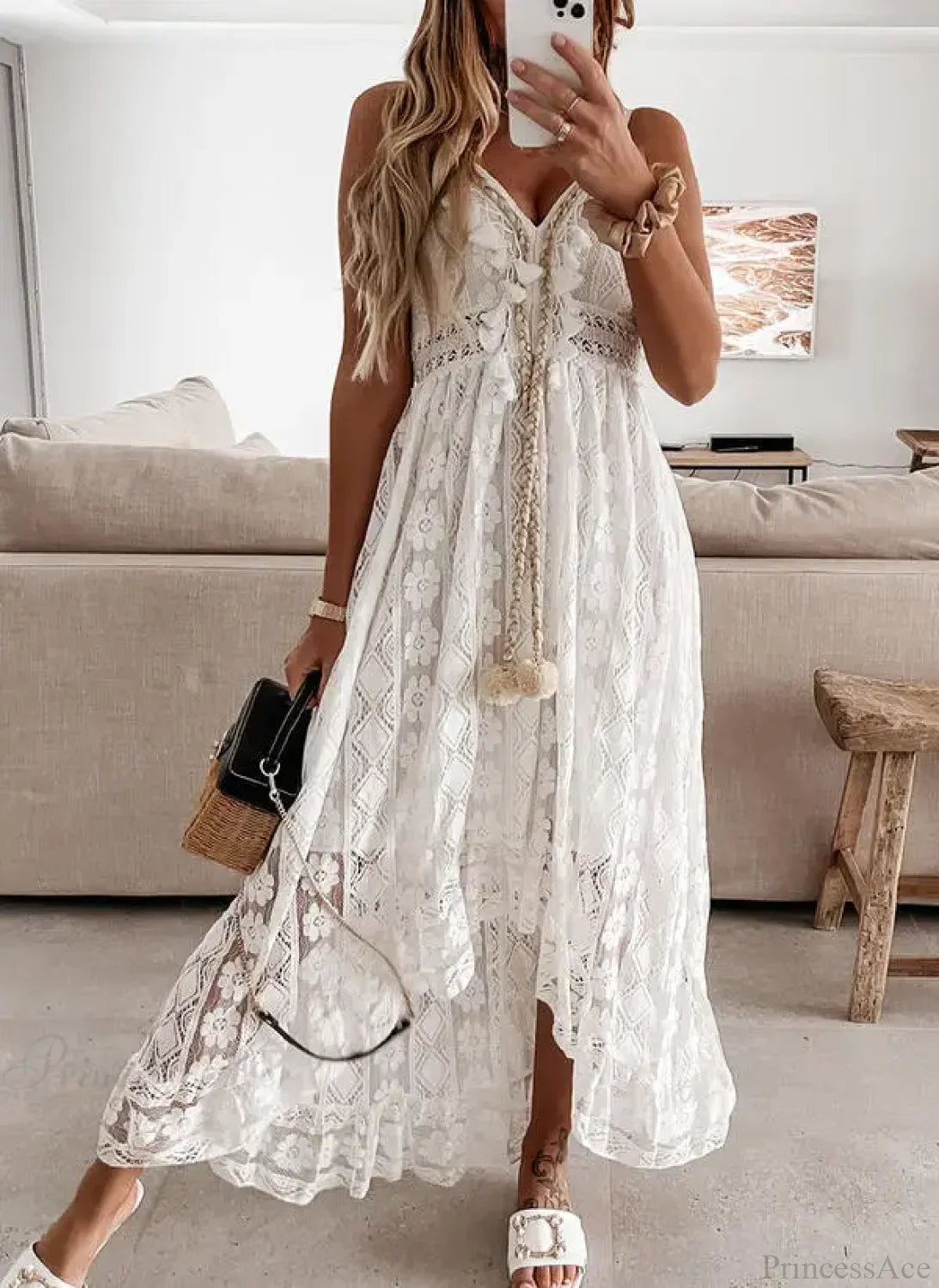 Strap Sleeveless Deep V-neck Tassel Lace Maxi White Boho Dress White / S bohodress-250126
