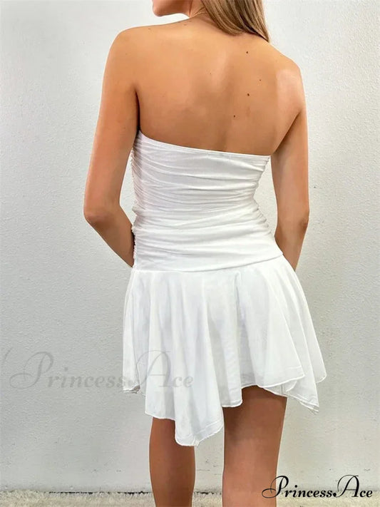 Strapless Backless Irregular Hem Pleated Solid Mini Dress