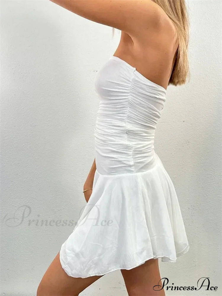 Strapless Backless Irregular Hem Pleated Solid Mini Dress